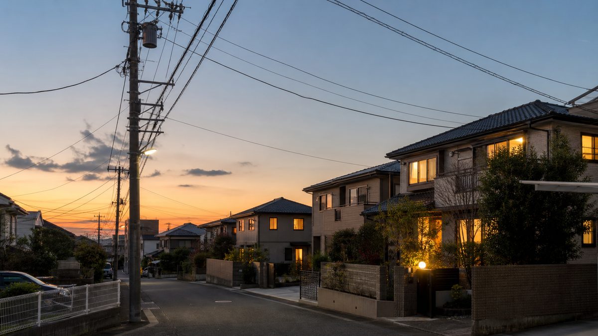 夕方の住宅街と電線、灯りのともった窓
