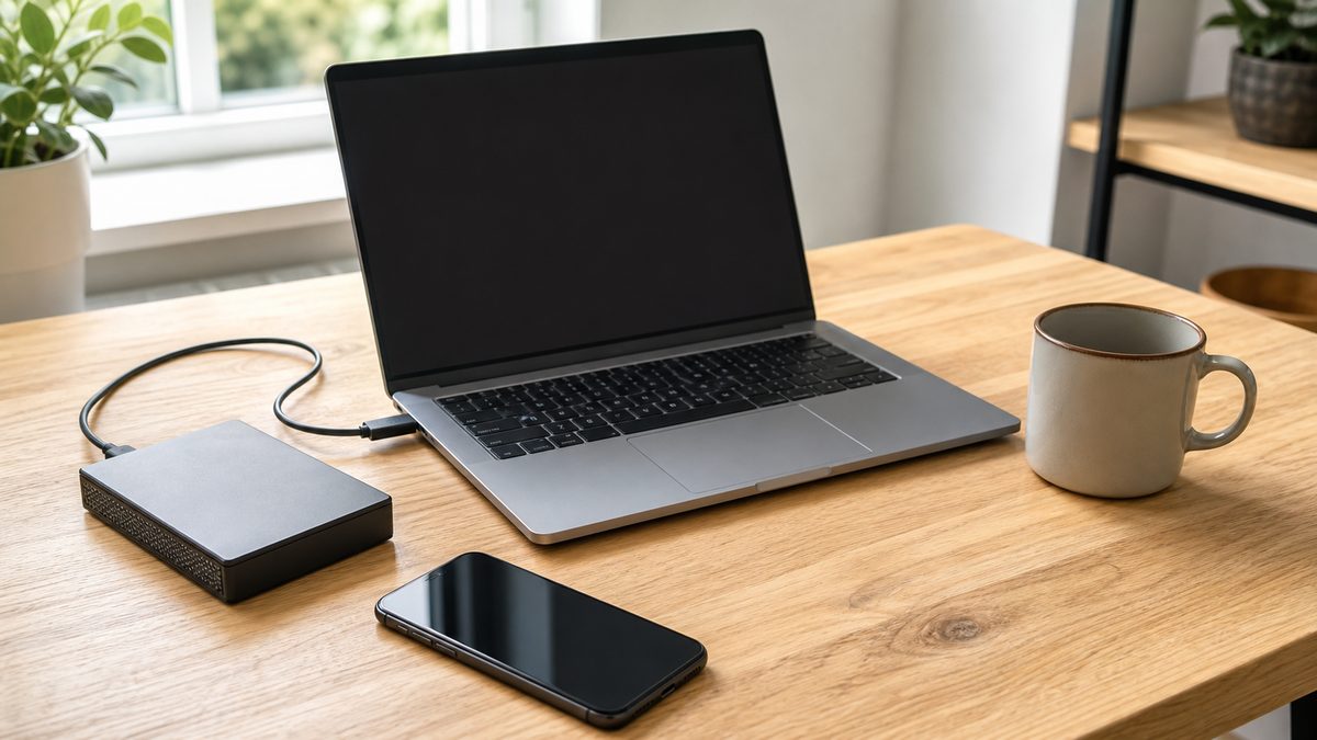 木製デスクの上のスマートフォンとノートパソコン、外付けハードディスク
