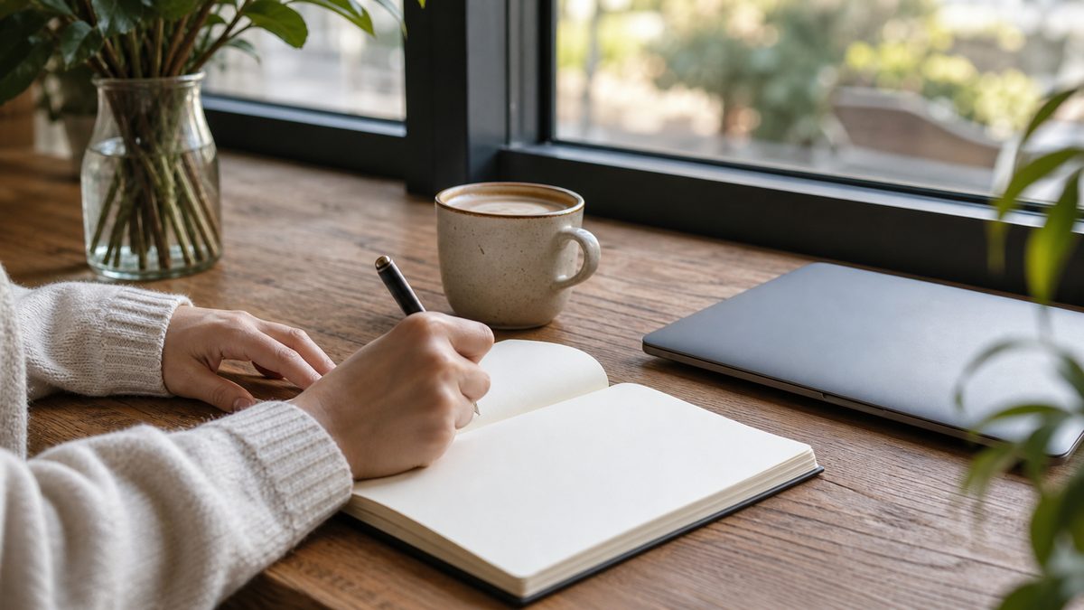 ノートを開いて、転職について考えを書き出しながら整理している様子
